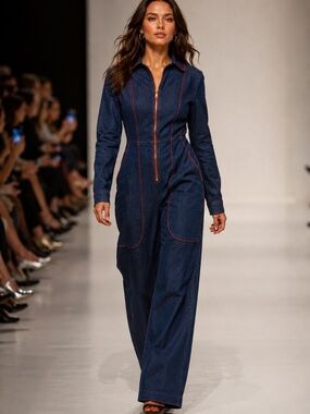 NWT Oyrosy denim front red zipper jumpsuit pockets long sleeves XS / S